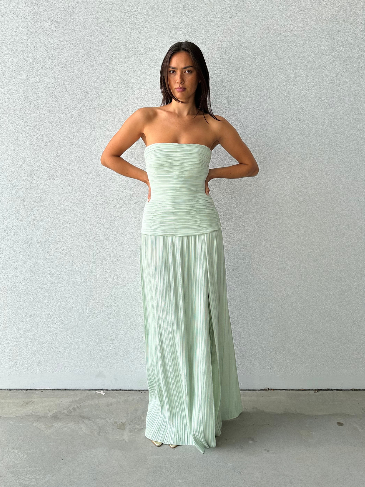 Strapless Pleat Gown - Sage