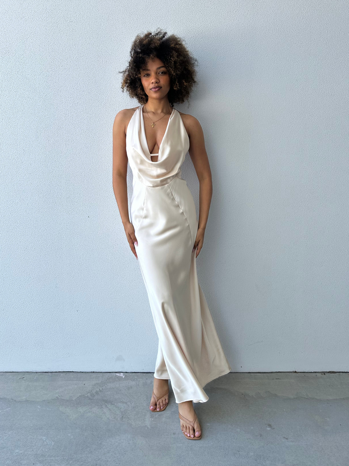 champagne cowl dress Shona Joy Andie Low Cowl Mini Dress in Metallic Neutral