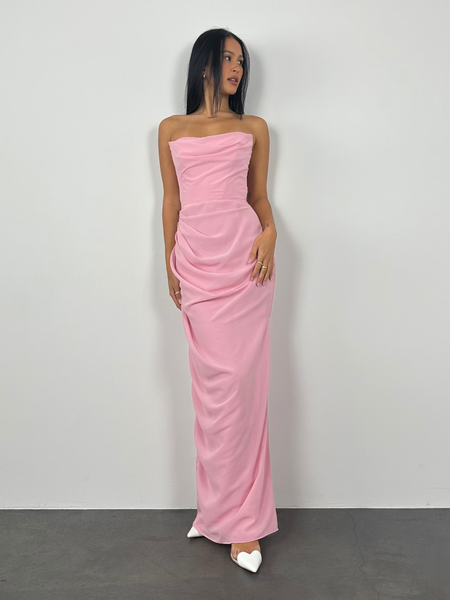 house of cb adrienne dress pink Maxi Dress House Of Cb Pink Satin Dress Rent HOUSE OF CB Adrienne Pink Quartz Strapless