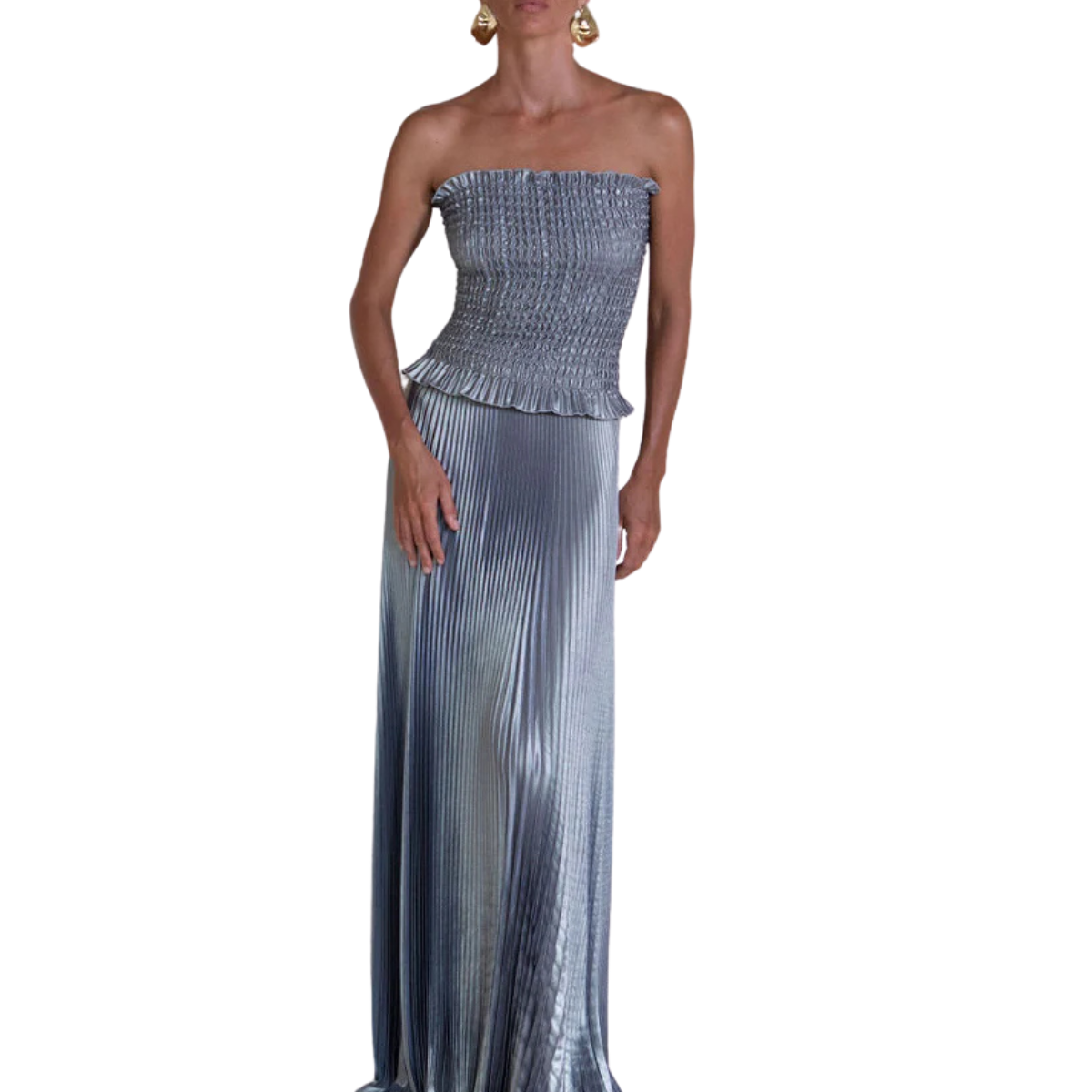 l idée maya strapless pleated maxi dress L'IDEE | Maya Gown - Steel