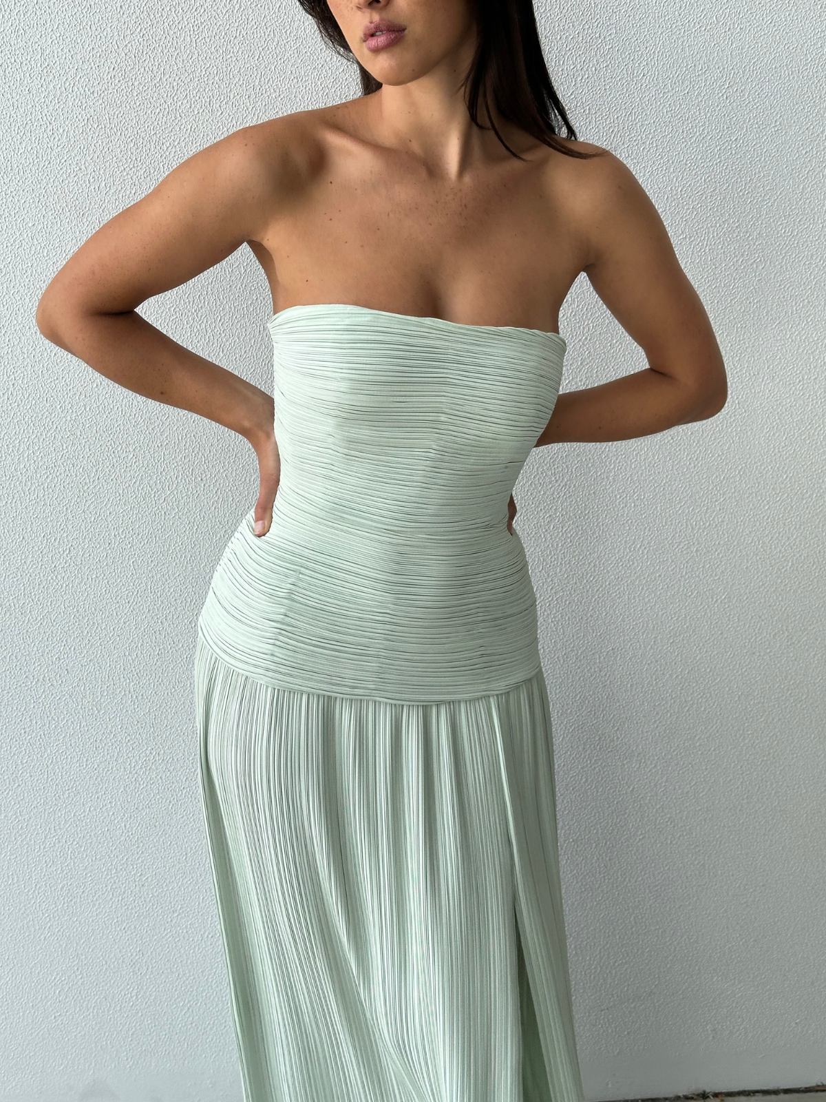 Strapless Pleat Gown - Sage